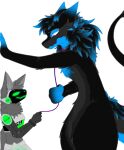 alpha_channel anthro biped black_body black_fur black_hair blue_body blue_fur blue_hair c.a.m. canid canine canis cybernetic_arm cybernetic_hand cybernetic_limb cybernetics digital_drawing_(artwork) digital_media_(artwork) digitigrade duo duo_focus fingers fluffy fluffy_ears fluffy_tail fur glowing glowing_body glowing_eyes green_body green_eyes grey_body grey_fur group hair holding_leash holding_object horn itzexelise_(jamie_the_wicker) jackal kytcrafts leash machine male male/male mammal metal metallic_body military neck_tuft prosthetic prosthetic_arm prosthetic_hand prosthetic_limb protogen protogen_armor protogen_face protogen_visor protogenized purple_eyes raised_tail robotic robotic_arm robotic_hand robotic_limb screen screen_face simple_background size_difference smile special_forces standing tail transparent_background tuft wickerbeast yuri_chacal