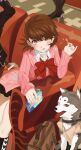  1girl 2others bow bowtie brown_bag brown_eyes brown_hair couch dog eyelashes food food_in_mouth gbbgb321 grey_fur highres indoors koromaru_(persona) looking_at_viewer medium_hair multiple_others on_couch persona persona_3 pocky pocky_in_mouth red_bow red_bowtie red_eyes sitting takeba_yukari tongue tongue_out two-tone_fur white_fur 