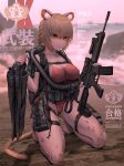  1girl animal_ears ass_visible_through_thighs assault_rifle belt_pouch blonde_hair braid breasts covered_nipples diving_suit fang_zhenjun feet flippers full_body gun highleg highleg_leotard highleg_swimsuit holding holding_gun holding_weapon hose kneeling large_breasts legs leotard light_smile m4_carbine magazine_(weapon) military military_operator mud one-piece_swimsuit original oxygen_tank pouch rebreather red_one-piece_swimsuit rifle scope scuba scuba_gear scuba_tank short_hair skin_tight solo strap swimsuit tactical_clothes tail thick_thighs thigh_pouch thigh_strap thighs tiptoes toes walkie-talkie weapon yellow_eyes 