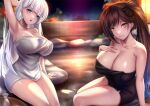  2girls akeyama_kitsune azur_lane black_towel blue_eyes breasts brown_hair cleavage hand_on_own_chest huge_breasts long_hair multiple_girls night onsen outdoors shoukaku_(azur_lane) siblings sisters sitting very_long_hair white_hair white_towel yellow_eyes zuikaku_(azur_lane) 