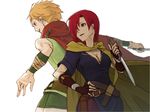  1girl back-to-back belt blonde_hair breasts cape cleavage fingerless_gloves fire_emblem fire_emblem:_rekka_no_ken gloves gomibukurokarasu knife leila_(fire_emblem) md5_mismatch medium_breasts pouch red_eyes red_hair short_hair simple_background skirt white_background 