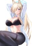  1girl absurdres animal_ear_fluff animal_ears black_bra black_pantyhose blonde_hair blue_archive blue_eyes blue_halo blush bra breasts closed_mouth hair_over_one_eye halo highres kanna_(blue_archive) large_breasts long_hair long_sleeves looking_at_viewer navel pantyhose shirt simple_background solo underwear white_background white_shirt yahan_(mctr5253) 