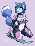 2024 5_fingers absurd_res anthro armor black_nose blue_body blue_fur blue_hair breasts canid canine cleavage clothed clothing female fingers fox fur hair hi_res humanoid_hands krystal_(star_fox) mammal melee_weapon multicolored_body multicolored_fur naaraskettu navel nintendo signature smile solo star_fox sword two_tone_body two_tone_fur weapon white_body white_fur