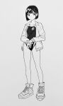  1girl breasts competition_swimsuit expressionless full_body greyscale highres jacket monochrome one-piece_swimsuit open_clothes open_jacket original own_hands_together sakuma_(skmsy34) shoes short_hair simple_background small_breasts sneakers solo swimsuit 