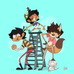  3boys artist_name black_hair blue_background crocs crop_top eating food furry highres interspecies k-zoo_(khazoo) khazoo khazoo_(artist) khazoo_(character) mini_k_(khazoo) multiple_boys sandwich smile spanish_commentary tagme toon_(style) twitter_username 