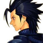  1boy absurdres armor artist_name black_hair blue_eyes blue_sweater closed_mouth commentary crisis_core_final_fantasy_vii cross_scar earrings english_commentary final_fantasy final_fantasy_vii final_fantasy_vii_rebirth final_fantasy_vii_remake from_side hair_slicked_back highres jewelry male_focus portrait profile ribbed_sweater scar scar_on_cheek scar_on_face shoulder_armor smgold smile solo spiked_hair stud_earrings sweater twitter_username upper_body white_background zack_fair 