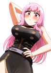  1girl absurdres arm_behind_head arm_up black_nails blush breasts cleavage closed_mouth ddolbang hand_on_own_hip highres hololive hololive_english large_breasts long_hair mori_calliope pink_eyes pink_hair solo virtual_youtuber 