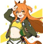  1girl absurdres animal_ears belt bigkwl bomber_jacket bow breasts brown_ribbon dog_tags ear_bow eyebrows_hidden_by_hair green_belt green_jacket hair_between_eyes hand_on_own_head highres horse_ears horse_girl horse_tail jacket long_hair long_sleeves looking_at_viewer mayano_top_gun_(umamusume) navel open_mouth orange_eyes orange_hair orange_tail ribbon shirt shorts simple_background smile solo tail two_side_up umamusume 