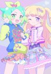  2girls :d blonde_hair blue_hoodie bow closed_mouth clothes_writing cowboy_shot fang frilled_skirt frills green_eyes green_hair hair_bow hair_ornament hand_on_own_cheek hand_on_own_face hand_up highres hood hood_down hoodie idol_time_pripara jacket ku_(residual666) long_hair long_sleeves looking_at_viewer multicolored_hair multiple_girls nijiiro_nino one_eye_closed open_mouth pink_jacket pretty_series print_skirt pripara purple_eyes purple_shirt purple_skirt ringlets shirt short_hair skirt smile standing star_(symbol) star_hair_ornament two_side_up yumekawa_yui 