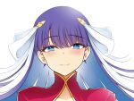  1girl blue_eyes blush commission earrings english_commentary fate/grand_order fate_(series) hair_ribbon highres jewelry kuroakei long_hair looking_at_viewer martha_(fate) pixiv_commission purple_hair ribbon simple_background smile solo upper_body very_long_hair white_ribbon 