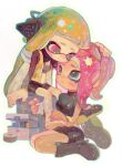  2girls agent_3_(splatoon) agent_8_(splatoon) applying_bandages bandages bandaid bandaid_on_cheek bandaid_on_face bandaid_on_stomach bike_shorts black_bra black_footwear black_headphones black_shirt black_shorts black_skirt blonde_hair blue_eyes blue_outline blunt_bangs boots bra bracelet breasts chinese_commentary closed_mouth crop_top dot_nose esa_(no_chirasu1) first_aid first_aid_kit full_body green_hair headpat headphones high-visibility_vest highres holding_another&#039;s_foot inkling inkling_girl inkling_player_character jewelry long_hair looking_at_another midriff multicolored_hair multiple_girls navel octoling octoling_girl octoling_player_character open_clothes open_vest outline pink_eyes red_hair shirt shoes shorts single_barefoot single_shoe sitting skirt smile splatoon_(series) splatoon_2 splatoon_2:_octo_expansion suction_cups tentacle_hair twintails two-tone_hair underwear unworn_shoes vest wariza white_background zipper 