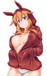  animal_ears bad_id bad_twitter_id blue_eyes blush breasts charlotte_e_yeager hood hoodie kuronyan large_breasts long_hair looking_at_viewer no_bra open_clothes orange_hair panties shiny shiny_skin smile solo strike_witches underwear white_panties world_witches_series 