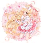 blonde_hair boots bow brooch character_name choker copyright_name cure_rhythm eighth_note evelyn_(shinshu_k) frills full_body green_eyes hair_bow heart jewelry jumping knee_boots long_hair magical_girl minamino_kanade musical_note pink_background precure puffy_sleeves skirt smile solo suite_precure white_choker wrist_cuffs 
