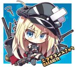  1girl :&lt; absurdres akaneya arms_under_breasts bandaid bandaid_on_head bismarck_(kancolle) black_panties blonde_hair blue_eyes blush breasts brown_gloves chibi closed_mouth crossed_arms crossed_bandaids elbow_gloves gloves hair_between_eyes hat highres kantai_collection large_breasts long_hair military military_uniform panties peaked_cap rigging second-party_source solo squiggle sweat thighhighs twitter_username underwear uniform very_long_hair 