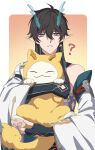  1boy ? animal black_hair chinese_clothes dan_heng_(honkai:_star_rail) dan_heng_(imbibitor_lunae)_(honkai:_star_rail) dragon_boy dragon_horns earrings eyeliner gloves hair_between_eyes holding holding_animal honkai:_star_rail honkai_(series) horns jewelry jiman long_hair long_sleeves makeup male_focus pointy_ears red_eyeliner 