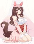  1girl absurdres alternate_costume animal_ears barefoot breasts brown_hair cleavage gentildonna_(umamusume) hair_between_eyes hair_down highres horse_ears horse_girl horse_tail hu-min_(okok6341) knit_hat large_breasts long_hair looking_at_viewer pajamas red_eyes seiza sitting solo tail umamusume 