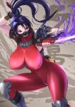  1girl arm_guards armor black_hair bodysuit breasts brown_eyes covered_nipples ema_(emaura) fingerless_gloves gloves impossible_bodysuit impossible_clothes kodachi large_breasts long_hair ninja ponytail red_bodysuit short_sword shoulder_armor skin_tight sleeveless sleeveless_bodysuit solo soulcalibur sword sword_behind_back taki_(soulcalibur) weapon 