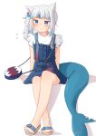  1girl absurdres animal_ears bad_feet bag blue_eyes blue_hair blush cat_ears crossed_legs fins fish_tail gawr_gura highres hololive hololive_english kurushiro1102 multicolored_hair sandals side_ponytail simple_background sitting solo sweatdrop tail two-tone_hair virtual_youtuber white_background white_hair 