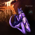  3_toes 5_fingers anthro cave claws clothing dragon female green_eyes hair kneeling long_hair looking_at_viewer myrrie photo_background purple_body purple_hair scalie snowfyre solo toe_claws 