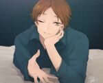  1boy ;) beckoning blue_shirt brown_hair collared_shirt earrings green_eyes hand_on_own_cheek hand_on_own_face hassan_(sink916) head_rest indoors jewelry long_sleeves looking_at_viewer lying male_focus official_art on_bed on_stomach one_eye_closed open_collar parted_bangs parted_lips shirt short_hair single_earring smile solo upper_body urashimasakatasen uratanuki utaite wallpaper_(object) 
