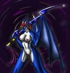 5_fingers anthro blue_body breasts dragon erect_nipples female hair horn long_ears looking_at_viewer nipples open_mouth pussy red_hair snowfyre spikes spread_legs spreading sword sylfia_(snowfyre) weapon white_body wings yellow_eyes 
