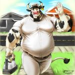 1:1 animal_print anthro awkn_arts awkward_smile belly big_belly bovid bovine bow_tie cattle clothing cow_print dairy_products duo ear_piercing ear_tag food hi_res male male/male mammal marty_the_moonbull milk milkman moobs muscular muscular_anthro muscular_arms muscular_male overweight overweight_male piercing saludating shy shy_smile tight_clothing uniform