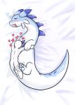 bed big_tail blue_body blush bodily_fluids breath chillet chilliad cuddling drooling duo feral furniture heart_symbol hi_res hug intersex intersex/intersex lying on_side open_mouth pal_(species) palworld panting pawpads paws pocketpair saliva smile sweat sweatdrop tail white_body