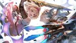  1boy 1girl angry animal_ears arm_up belt bishounen blonde_hair blue_eyes bow brown_eyes claw_(weapon) clawed_gauntlets clenched_teeth commentary commentary_request cowboy_shot djeeta_(granblue_fantasy) dress energy erune fighting floating_clothes floating_hair from_side gauntlets gloves granblue_fantasy granblue_fantasy_versus grin headband holding holding_sword holding_weapon hood hood_down looking_at_another magic messy_hair minaba_hideo official_art pink_bow pink_dress seox_(granblue_fantasy) short_hair smile sparkle sword teardrop teeth upper_teeth_only weapon white_background wolf_ears 