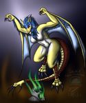  3_toes 5_fingers anthro blue_hair breasts claws dragon female hair long_hair nude red_eyes skull snowfyre solo toe_claws toes white_body wings yellow_body 