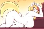 anthro areola ass_up big_breasts blonde_hair blue_eyes breasts equid equine eyelashes female fur hair hanging_breasts hi_res horn huge_breasts looking_at_viewer mammal marik_azemus34 mythological_creature mythological_equine mythology side_view solo tail unicorn white_body white_fur yellow_tail