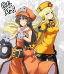  anchor belt belt_buckle blonde_hair blue_eyes breasts brown_hair buckle fingerless_gloves gloves guilty_gear guilty_gear_xrd hat jacket kuro_goma_(kakkou11) long_hair may_(guilty_gear) medium_breasts millia_rage multiple_girls orange_eyes orange_hat orange_shirt pantyhose pirate_hat shirt skull_and_crossbones smile weapon 