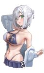  1girl arm_up bare_shoulders bikini bikini_skirt blue_bikini breasts chest_belt commentary_request front-tie_bikini_top front-tie_top green_eyes grey_hair hair_between_eyes highleg highleg_bikini highres hololive kanzarin large_breasts looking_at_viewer navel off_shoulder official_alternate_costume open_clothes open_mouth open_shirt parted_bangs pleated_skirt shirogane_noel shirogane_noel_(summer_2020) shirt short_hair simple_background skirt smile solo stomach swimsuit two-tone_bikini upper_body virtual_youtuber white_background white_bikini white_shirt 