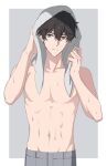  1boy black_hair closed_mouth dan_heng_(honkai:_star_rail) grey_eyes grey_pants hair_between_eyes highres honkai:_star_rail honkai_(series) jiman male_focus musular_male navel pants short_hair solo stomach topless_male towel towel_on_head 