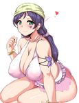  ass bad_id bad_pixiv_id bare_shoulders blush breasts cleavage green_eyes heart highres huge_breasts jewelry looking_at_viewer love_live! love_live!_school_idol_project moisture_(chichi) natsuiro_egao_de_1_2_jump! necklace plump purple_hair simple_background smile solo thick_thighs thighs toujou_nozomi twintails white_background 