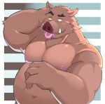2024 anthro belly big_belly brown_body hi_res inunotutu kemono male mammal moobs musclegut muscular navel nipples overweight overweight_male solo suid suina sus_(pig) tongue tongue_out wild_boar