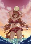  1girl :d absurdres animal_ears ball beachball bikini bikini_skirt blush bow breasts brown_hair cleavage cowboy_shot daiwa_scarlet_(trifle_vacation)_(umamusume) daiwa_scarlet_(umamusume) frilled_bikini frills front-tie_bikini_top front-tie_top hair_bobbles hair_bow hair_intakes hair_ornament highres holding holding_ball holding_beachball horse_ears horse_girl horse_tail hu-min_(okok6341) large_breasts long_hair looking_at_viewer low_twintails navel official_alternate_costume official_alternate_hairstyle partially_submerged red_bikini red_bow smile solo swimsuit tail twintails umamusume 