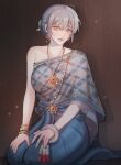  1girl absurdres blue_skirt bracelet brown_eyes closed_mouth commentary earrings english_commentary grey_hair hair_bun highres jewelry looking_at_viewer maybecrosswise necklace original seiza single_bare_shoulder sitting skirt solo sparkle 
