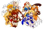  2girls 4boys \m/ anchor axl_low bag bag_over_head bandana blonde_hair blue_eyes blush_stickers brown_eyes brown_hair cape chibi faust_(guilty_gear) green_eyes guilty_gear guilty_gear_xrd hat headband kama_(weapon) ky_kiske long_hair may_(guilty_gear) millia_rage multiple_boys multiple_girls orange_hat orange_shirt pantyhose paper_bag pirate_hat ponytail prehensile_hair red_eyes rie_uraniwa shirt shorts sickle skull_and_crossbones smile sol_badguy sword union_jack very_long_hair weapon 