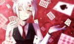  1boy ace_(playing_card) ace_of_spades allen_walker blurry bokuhaboku card d.gray-man dated_commentary depth_of_field eight_of_hearts five_of_diamonds gloves grey_eyes hair_between_eyes highres holding holding_card looking_at_viewer male_focus necktie pale_skin petticoat playing_card red_background red_necktie scar scar_across_eye scar_on_face seven_of_diamonds shirt short_hair sidelighting signature smile solo spade_(shape) ten_of_clubs three_of_hearts two_of_spades upper_body white_gloves white_hair white_shirt 