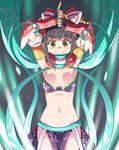  armpits bad_id bad_pixiv_id bandeau bikini black_hair celebi_ryousangata fingerless_gloves floral_print gloves green_eyes hamaguchi_ayame idolmaster idolmaster_cinderella_girls loincloth looking_at_viewer navel ninja shiny shiny_skin short_hair smile solo swimsuit sword weapon 