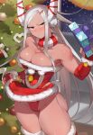  1girl absurdres animal_ears bare_shoulders bell belt blush boku_no_hero_academia box breasts christmas christmas_ornaments cleavage clothes_lift collarbone covered_navel dark-skinned_female dark_skin dress elbow_gloves fingerless_gloves fur-trimmed_gloves fur-trimmed_leotard fur-trimmed_skirt fur-trimmed_thighhighs fur_collar fur_trim gift gift_box gloves hair_ornament hair_ribbon hairclip hand_up highleg highleg_leotard highres holding holding_gift indoors jingle_bell koyap large_breasts leotard lifted_by_self long_eyelashes long_hair looking_at_viewer mirko parted_bangs rabbit_ears rabbit_girl rabbit_tail raised_eyebrow red_eyes red_gloves red_leotard red_ribbon red_skirt ribbon santa_dress skirt skirt_lift solo strapless strapless_leotard tail thick_thighs thighhighs thighs toned two-tone_collar very_long_hair white_hair window 