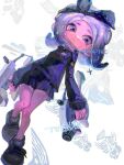  1girl black_bow black_hair black_hairband black_shirt black_skirt blue_eyes blue_hair blue_outline bow bow_hairband brown_footwear chinese_commentary collared_shirt colored_tongue dapple_dualies_(splatoon) dual_wielding earrings esa_(no_chirasu1) full_body gradient_hair hair_bow hairband highres holding holding_weapon jewelry long_hair long_sleeves miniskirt multicolored_hair octoling octoling_girl octoling_player_character outline parted_lips pleated_skirt sample_watermark shirt single_earring skirt solo splatoon_(series) star_(symbol) star_earrings suction_cups tentacle_hair two-tone_hair watermark weapon white_background 