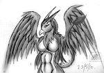  anthro avian beak breasts eyelashes feathers female greyscale gryphon looking_at_viewer monochrome plain_background sketch snowfyre solo white_background wings 
