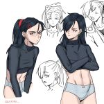  angry black_hair blush dragon_ball dragon_ball_super dragon_ball_super_super_hero gamma_1 genderswap genderswap_(mtf) hair_ornament highres jenxd_d long_hair looking_at_viewer panties ponytail red_eyes solo underwear 