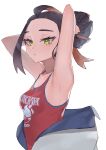  1girl absurdres armpits black_hair carmine_(pokemon) closed_mouth eyelashes from_side highres looking_at_viewer multicolored_hair pokemon pokemon_sv red_hair red_shirt rindoriko shirt sleeveless sleeveless_shirt solo sweat two-tone_hair tying_hair upper_body white_background yellow_eyes 