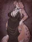 absurd_res anthro big_breasts black_clothing black_dress breasts canid canine canis clothed clothing digital_media_(artwork) domestic_dog dress female hair hi_res hollow_hip_dress jewelry long_hair looking_at_viewer mammal possumancer smile snout solo spots tail