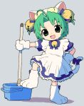  1girl ahoge animal_hat apron bell blue_bow blue_dress bow bucket captain_morgan_pose cat_hat cat_tail curtained_hair dejiko di_gi_charat dress full_body gloves green_eyes green_hair grey_background hair_bell hair_ornament hand_on_own_hip hat head_tilt highres holding holding_mop jingle_bell looking_at_viewer maid maid_apron mop neck_bell nezutako paw_shoes puffy_short_sleeves puffy_sleeves short_hair short_sleeves smile solo standing tail tail_bow tail_ornament two_side_up v-shaped_eyebrows white_apron white_gloves 