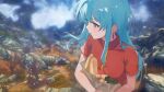  1girl ahonoko aqua_eyes aqua_hair bag bread closed_mouth earrings eirika_(fire_emblem) fire_emblem fire_emblem:_the_sacred_stones food highres holding holding_bag jewelry long_hair looking_to_the_side outdoors red_shirt shirt short_sleeves sidelocks solo upper_body 