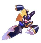 1boy arm_cannon armor bass_(mega_man) black_armor black_helmet dashing dilated_pupils facial_mark fang forehead_jewel full_body highres mega_man_(classic) mega_man_(series) open_mouth red_eyes simple_background solo srnhuyuno twitter_username weapon white_background 