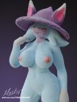 3:4 3d_(artwork) anthro areola big_breasts blender_(software) breasts clothing digital_media_(artwork) female fur genitals hat headgear headwear hi_res hiddenmask18 katress navel nude pal_(species) palworld pocketpair pussy solo text url